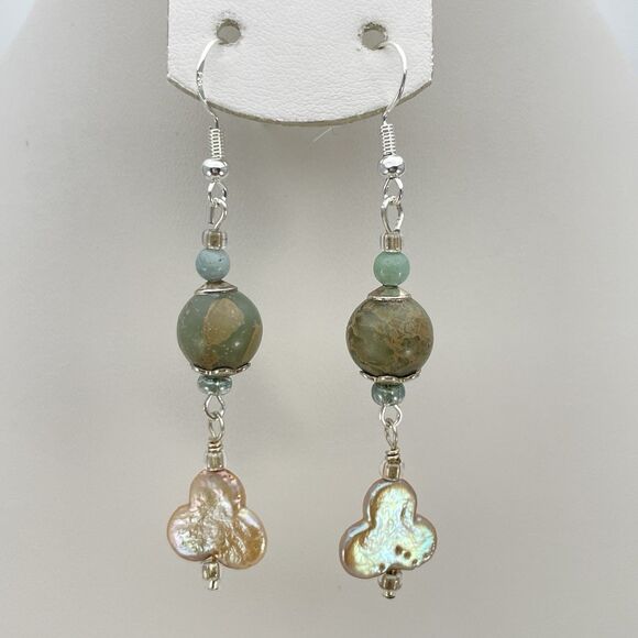 Earrings 925 Sterling Silver Plated Jasper Freshwater Clover Pearl Beaded Dangle - Picture 1 of 7